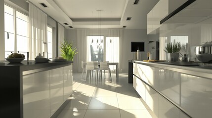 A Modern White Kitchen With White Cabinets And Countertops.