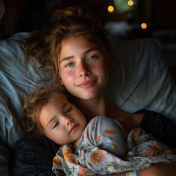 Chica joven, mam&aacute; con su ni&ntilde;a peque&ntilde;a en su regazo, las dos echadas en la cama, mirando al frente, luces tenues con punto de luz para enfatizar la escena, amorosa, sonriente, dulzura, cuidado de madre