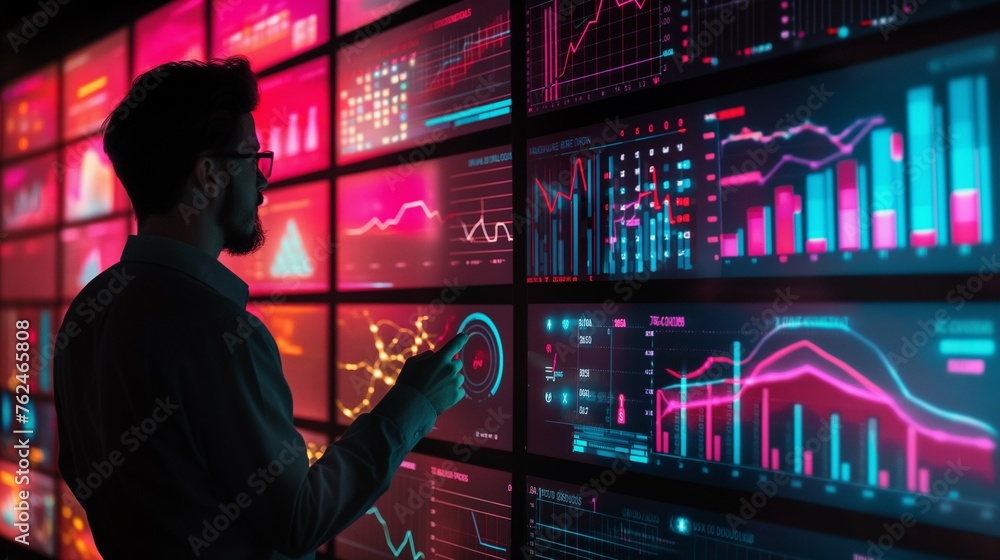 Poster a man with a data business analysis on monitor screen.