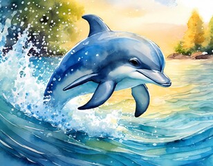 dolphin, Cute illustrations of baby animals splashing in the water, nursery art, picture book art, watercolors