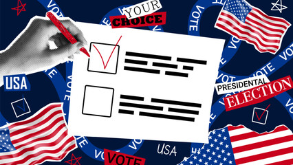 Collage for 2024 US presidential election. Vector banner with halftone hand ticks voting form. Collage for US Election 2024 campaign. Vote day, November 5.