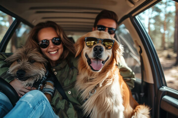 Couple with two dogs wearing sunglasses sitting in back seat of car on road trip