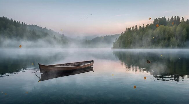 boat in misty morning on the lake
