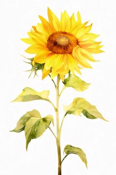 Drawn, painted sunflower on isolated white background. Flowering flowers, a symbol of spring, new life.