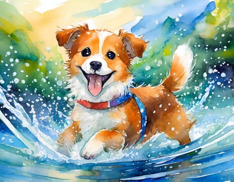 Cute illustrations of baby animals splashing in the water, nursery art, picture book art, watercolors
