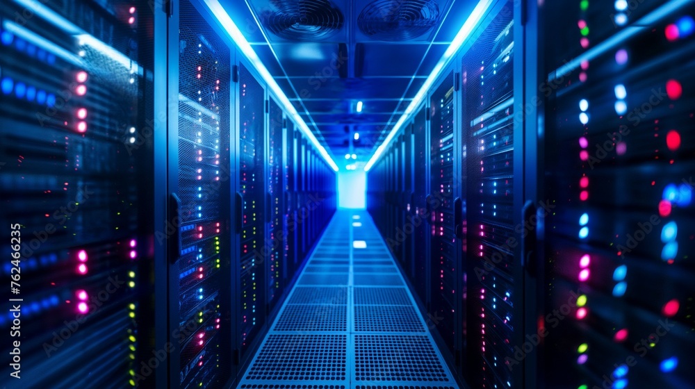 Poster a data center aisle containing multiple rows in a server room.