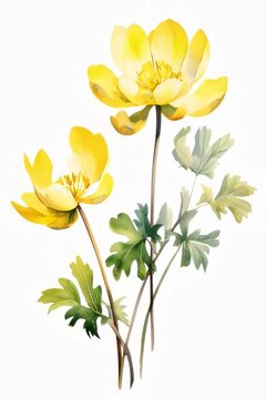 Drawn, painted image yellow flowers on isolated white background. Flowering flowers, a symbol of spring, new life.