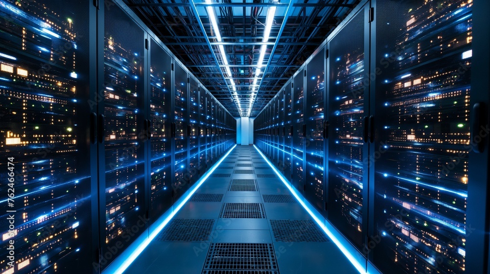 Poster a data center aisle containing multiple rows in a server room.
