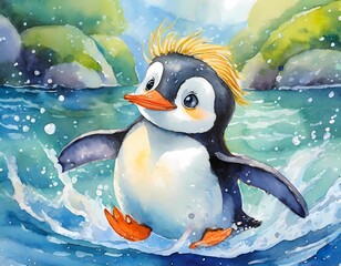 penguin baby, Cute illustrations of baby animals splashing in the water, nursery art, picture book art, watercolors