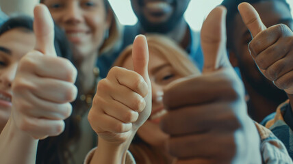 Close up of group of diverse people showing raised thumbs at camera as gesture of recommendation or good choice. Professional multicultural team demonstrates satisfaction and gives a positive response - obrazy, fototapety, plakaty