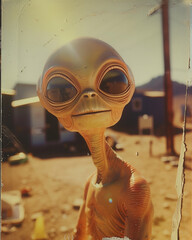 A sweet, cute extraterrestrial alien takes portrait photos. Real retro alien evidence photos.