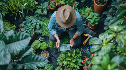 Gardener with hat using a tablet to plan garden layout surrounded by lush plants.
