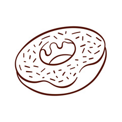 Donut simple logo with glaze and sprinkles in line art style. Simple design for bakery. Vector illustration isolated on a white background.