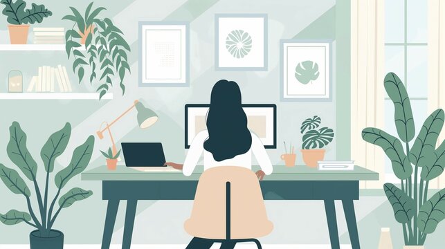 Vector Illustration Of A Woman Working On Laptop Computer.