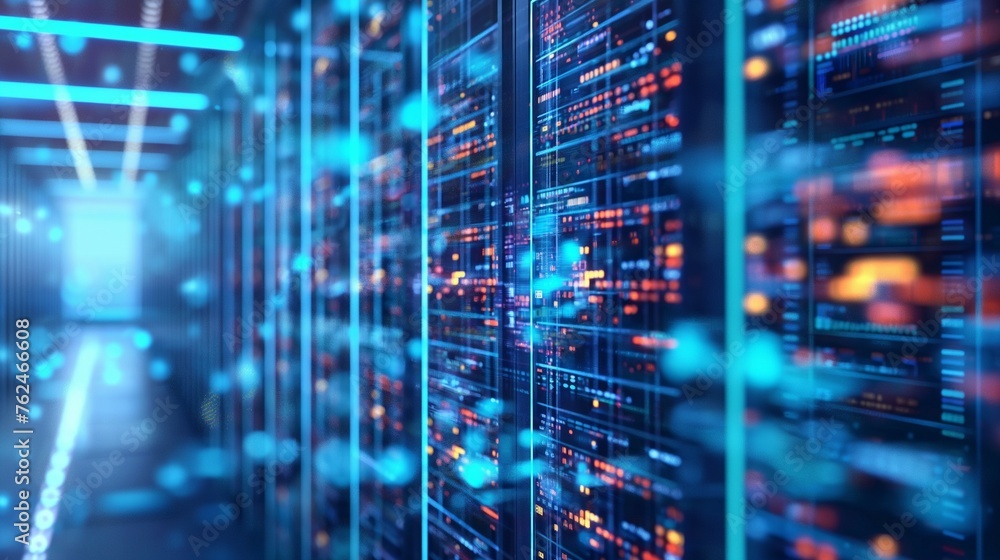 Poster a data center aisle containing multiple rows in a server room.