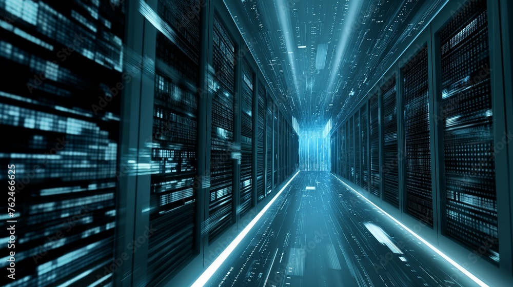 Poster a data center aisle containing multiple rows in a server room.