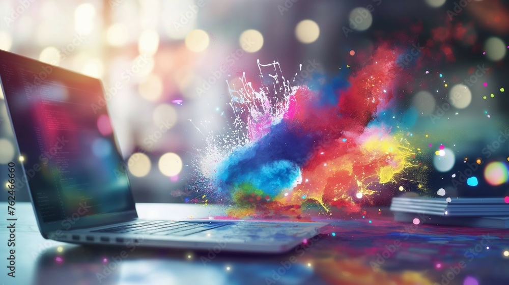 Poster a laptop computer with a explosion colorful out of the screen.