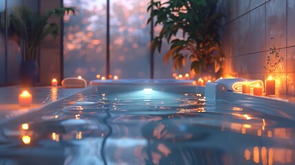 Tranquil spa setting with illuminated candles around a jacuzzi and starry night backdrop - obrazy, fototapety, plakaty