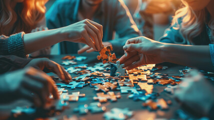 Company employees playing game and joining pieces of jigsaw puzzle during team building activity - obrazy, fototapety, plakaty