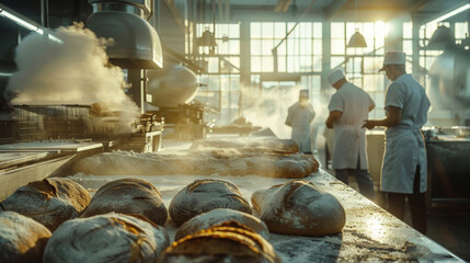 Busy artisanal bakery with fresh bread loaves and visible steam in the background.