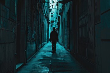 man is walking down an alley to a hotel