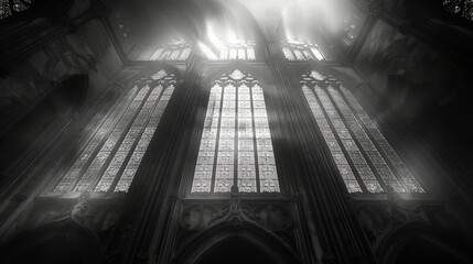 Sunlight Streaming Through Stained-Glass Windows in a Gothic Cathedral at Dawn - obrazy, fototapety, plakaty