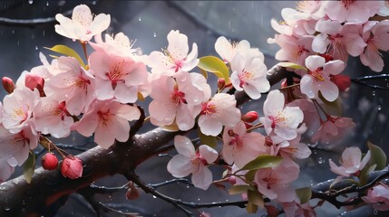 Pink cherry blossom on the branch. Flowering flowers, a symbol of spring, new life.