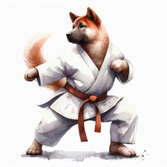 watercolor illustration of dog in kimono training karate and taekwondo