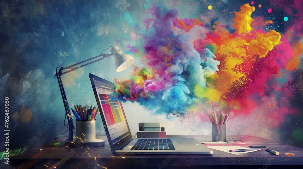 Poster a laptop computer with a explosion colorful out of the screen.