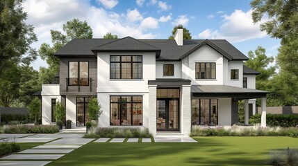 Large Mansion With Lush Green Yard And Trees Lining The Driveway.