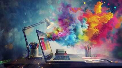 A laptop computer with a explosion colorful out of the screen.