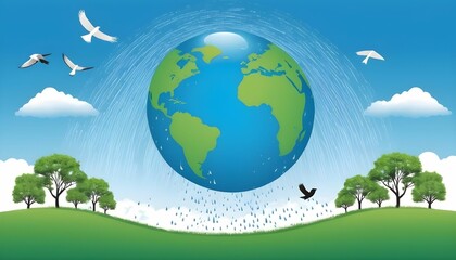 Fototapeta na wymiar World environment day with trees birds rainfall and blue sky and world globe