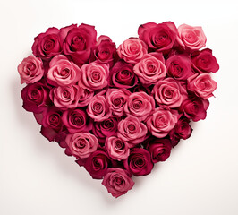 Heart Made of Red and Pink Roses on White Background, Romantic Symbol of Love and Affection, Ideal for Valentine's Day Cards, Wedding Invitations, and Romantic Greetings