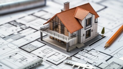 A House Model With House Plan Blueprint.