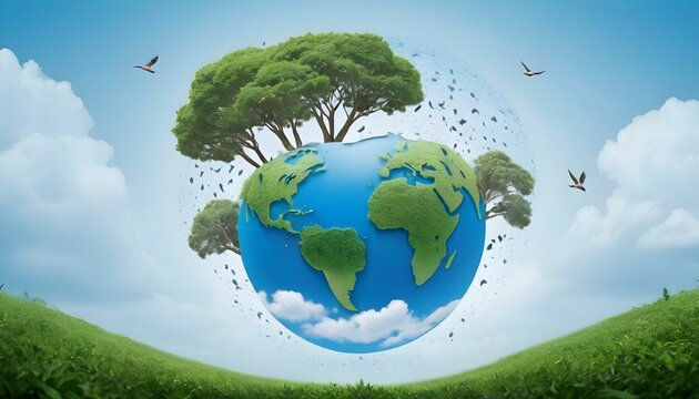 World environment day with trees birds rainfall and blue sky and world globe