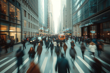 Busy city street scene with pedestrians walking and crossing in front of tall buildings on a blurred background