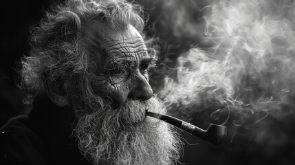 black and white portrait of an old bearded man smoking a pipe