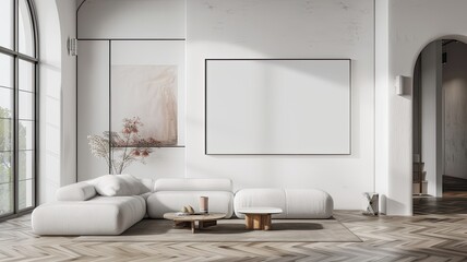 a Scandi home interior captured in a realistic photograph, featuring a blank horizontal art mock-up, curated for architectural digest with precision.