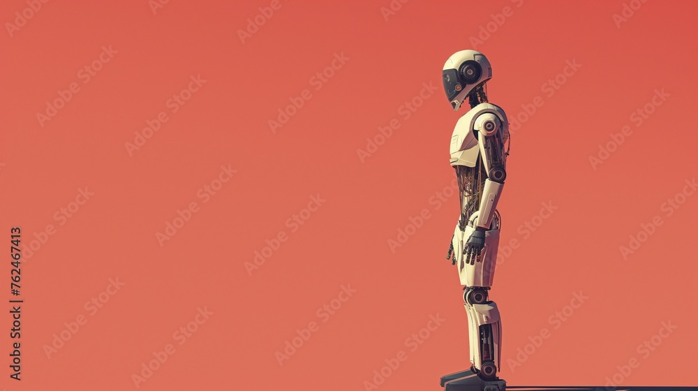 Poster standing humanoid robot in minimalist unique style.