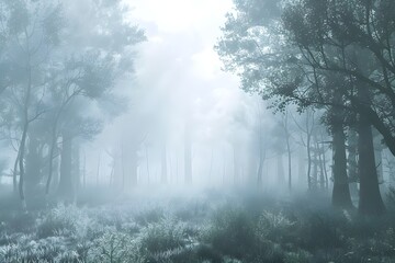 Mysterious Foggy Forest: A mysterious and atmospheric shot of a forest shrouded in fog, creating a sense of mystery and intrigue.

 - obrazy, fototapety, plakaty