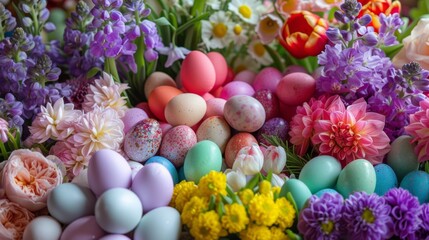 Fototapeta na wymiar Colorful Easter Eggs Amidst Blooming Spring Flowers on a Bright Day