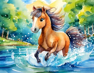 Obraz na płótnie Canvas baby horse, Cute illustrations of baby animals splashing in the water, nursery art, picture book art, watercolors