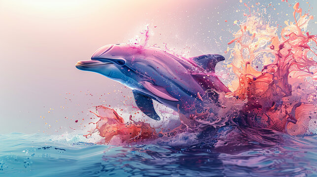 Vibrant digital art of a playful dolphin jumping from a splash of multicolored ocean water at sunset.