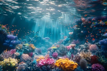 Fototapeta na wymiar Underwater Wonderland: A mesmerizing underwater scene with colorful coral reefs, exotic fish, and the play of light beneath the ocean's surface.