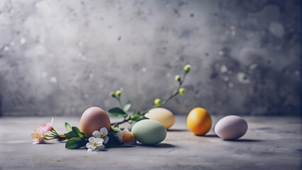 Diseño de la fiesta de Pascua. Concepto de fiesta de Pascua. Huevos de colores sobre fondo gris. - obrazy, fototapety, plakaty