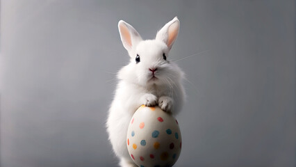 Diseño de la fiesta de Pascua. Conejito de Pascua con huevo pintado de colores sobre fondo gris. Conejo blanco de pascua. - obrazy, fototapety, plakaty