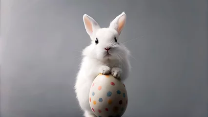 Fotobehang Diseño de la fiesta de Pascua. Conejito de Pascua con huevo pintado de colores sobre fondo gris. Conejo blanco de pascua. © Shyla Marsare