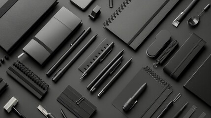 Black office supplies on a black table