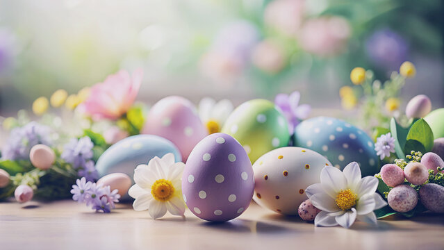 Diseño de la fiesta de Pascua. Huevos de Pascua pintados sobre un dondo de color. 
