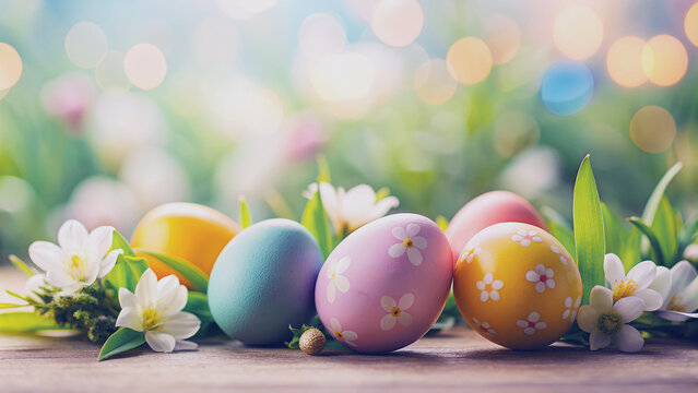 Diseño de la fiesta de Pascua. Concepto de fiesta de Pascua. Huevos de colores pintados a mano sobre fondo natural.